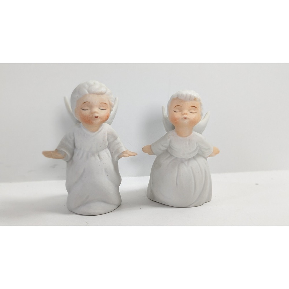 Vintage Mid Century White 2 Angel Figurines Hand‎ Painted Made In Japan